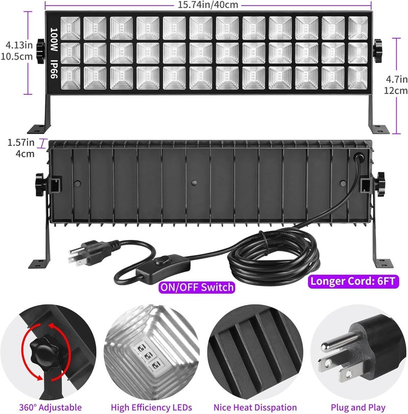 THECHAM Store 2 Pack 100W LED Black Lights Bar, Black Light for Glow Party, 385-400nm Blacklight Flood Light for Blacklight Party, Bedroom, Halloween, Fluorescent Poster, Body Paint - Image 3